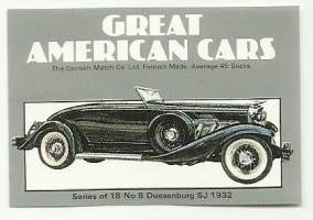 Great American Cars / Duesenburg SJ 1932  -  tulitikkuetiketti