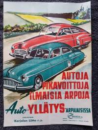 Auto-Yllätys -arpajaisissa. Autoja, pikavoittoja, ilmaisia arpoja. Juliste 1940/1950 -luvulta?