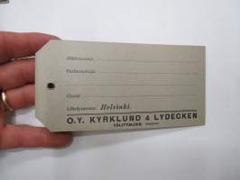Oy Kyrklund &amp; Lydecken, Välitysliike, Helsinki -rautatiekuljetusten osoitelappuja 5 kpl -rail freight tags
