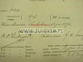Hämeenlinnan Lycee lukukausitodistus A.M. Skogström 1892