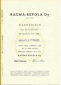 Rauma-Repola Oy    Litt D 100x1 000 mk   , osakekirja,  Helsinki 18.2.1952