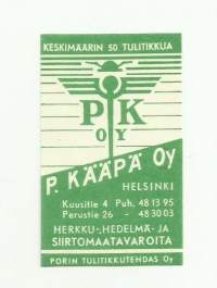 P Kääpä Oy Helsinki - tulitikkuetiketti