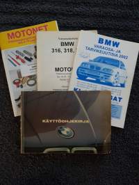 BMW - käyttöohjekirja 316, 318i, 320i, 323i. 1983. Motonet BMW varaosaluettelo  vuodelta 1997 ja 1994, lisäksi KL-varaosat BMW varaosa- ja tarvikeuutisia 2002.