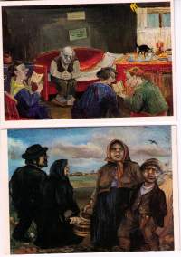 Taidepostikortit: Arvi Mäenpää.  Vaarille veisataan (öljy 1958)  ja Riitaisat naapurit ( öljy 1935)