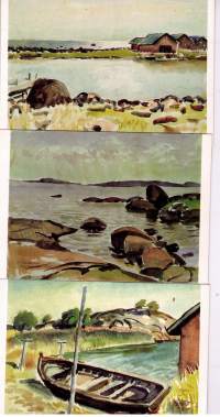 Taidepostikortit: Olavi Pulkkanen. Akvarelli Kaunissaari  v.1981.....Akvarelli Haapasaari v. 1971  sekä  akvarellit Kökar 1979. x 2 kpl.  Kulkemattomia.