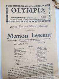 Manon Lescaut (Abbé Prévost) -elokuvan (mykkäfilmin) käsiohjelma 1925, pääosissa Lya de Putti, Wladimir Gaidarow, Eduard Rothauser, Fritz Greiner -movie program