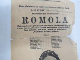 Romola -elokuvan (mykkäfilmi) käsiohjelma 1925, pääosissa Liliian &amp; Dorothy Gish, Ronald Colman, Bonaventura Ibanez, Charles Lane, Frank Puglia -movie program