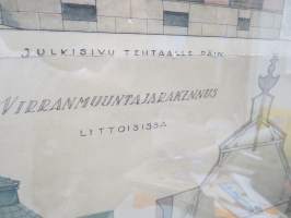 Virranmuuntajarakennus Littoinen (Littoisten verkatehtaan tehdasalueella edelleen sijaitseva rakennus, nykyään asuintalo) -alkuperäiset vesiväritetyt piirustukset