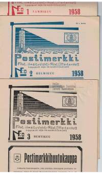 Filateelinen ilmoituslehti POSTIMERKKI. V. 1958  Kuusinumeroa.  Ilmoitusten lisäksi  paljon tietoa  vuoden aikana ilmestyneistä merkeistä meillä ja muualla.