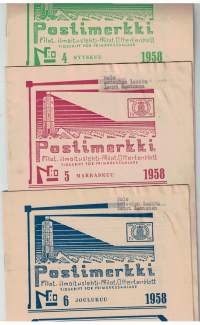 Filateelinen ilmoituslehti POSTIMERKKI. V. 1958  Kuusinumeroa.  Ilmoitusten lisäksi  paljon tietoa  vuoden aikana ilmestyneistä merkeistä meillä ja muualla.