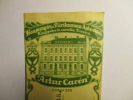 Kaupungin ja Piirikunnan Apteekki Kauppatorin varrella Turussa  Artur Caren -  resepti signatuuri 1923