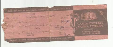 Gamla  Apoteket Gunnar Poppius  Borgå   , resepti  signatuuri  1967