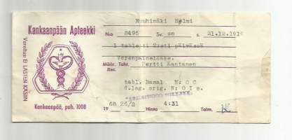 Kankaanpään  Apteekki    , resepti  signatuuri reseptipussi 1968