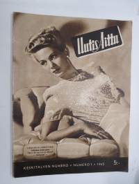 Uutis-Aitta (Suomi-Filmi) 1945 nr 1, kansikuva Louise Allbritton, Alfred Hitchcock, Kuka koputti 13. kerran, Ginger Rogers, Kuollut mies ihastuu -salapoliisidraama