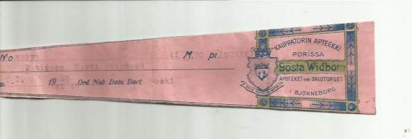 Kauppatorin Apteekki Porissa Gösta Widbom 1945  - resepti signatuuri