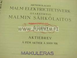 Malmin Sähkölaitos Oy, Malm Elektricitetsverk, Malmi 1938, 5 000 mk -osakekirja