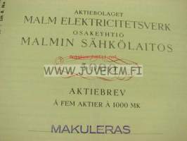 Malmin Sähkölaitos Oy, Malm Elektricitetsverk, Malmi 1938, 5 000 mk -osakekirja