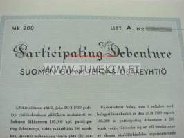 Suomen Gummitehdas Oy Participating Debenture 200 mk 1939 -depentuuri