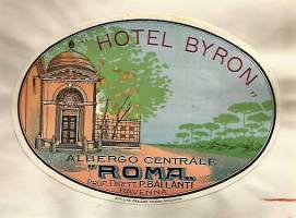 Hotel  Byron Roma, Italien  1938 - hotellimerkki , matkalaukkumerkki  10x11 cm