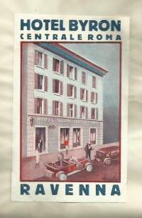 Hotel  Byron Roma, Ravenna Italien  1938 - hotellimerkki , matkalaukkumerkki  10x11 cm