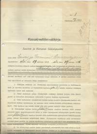 Sauvon ja Karunan Säästöpankki - Kassakreditiivi-välikirja 1924