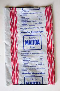 Alavuden Osuusmeijeri Alavus  - täysmaitoa, maitopussi, muovipussi avattu tuotepakkaus, 1960-70
