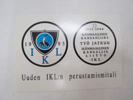 IKL Isänmaallinen kansanliike 1932-1944 - Työ jatkuu - Isänmaallinen Kansallisliitto IKL 1993 -postikortti, suomalaisen oikeiston kannatuspostikortti