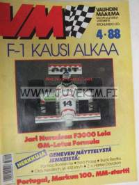 Vauhdin maailma 1988 nr 4 -mm. Rantaralli, Jääspeedwayn SM, F3000 Lola 88, Geneven autonäyttely, Ralli MM Prtugali, RoyalENfield, Daytona 500, Scarab