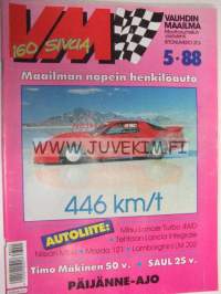 Vauhdin maailma 1988 nr 5 -mm. Tero Palmroth CARTiin, Truck MM, Pontiac Trans Am Tvin Turbo, Lancer 4WD Turbo, Fiat Uno merkkiluokka esiintyy, Chevy El Camino SS,