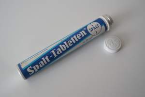 Spalt Tabletten   tyhjä tuotepakkaus  tuubi metallia 10x2 cm - tyhjä apteekki  tuotepakkaus