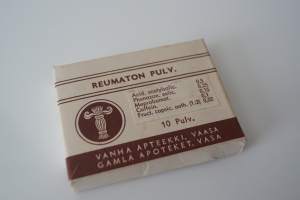 Reumaton pulv  tyhjä tuotepakkaus pahvia 5x7x1 cm - tyhjä apteekki  tuotepakkaus