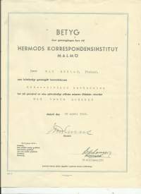 Hermods Korrespondeninstitut Malmö 1943  todistus