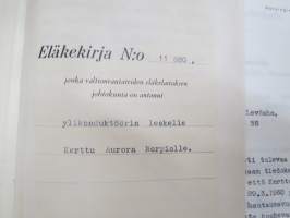 Eläkekirja nr 11880, Valtionrautateiden eläkelaitos, Ylikonduktöörin leski Kerttu Norpio, 1948, Avustuskassan jäsenkirja, säännöt, eroamisasiakirja