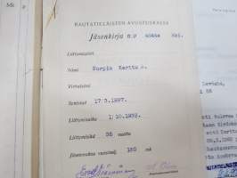 Eläkekirja nr 11880, Valtionrautateiden eläkelaitos, Ylikonduktöörin leski Kerttu Norpio, 1948, Avustuskassan jäsenkirja, säännöt, eroamisasiakirja