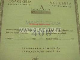 Tampereen Rohdos Oy, Tampere 1951, 1 osake 400 mk -osakekirja