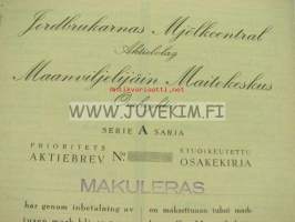 Jordbrukarnas Mjölkcentral Ab Maanviljelijöiden Maitokeskus Oy, Helsinki 1951, 1 000 mk -osakekirja