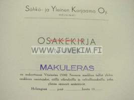 Sähkö- ja Yleinen Korjaamo Oy, Helsinki, 500 mk -osakekirja