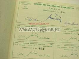 Karjalan Kirjapaino Osakeyhtiö, Lahti 1953, 2 000 mk, Olga Linnamo -osakekirja nr 835