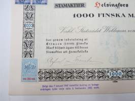 Frenckellska Tryckeri Aktiebolaget, Helsingfors 1920, 1000 fmk stamaktier nris 2077-2086, Verkl. Statsrådet Woldemar von Frenckell -osakekirja / share certificate