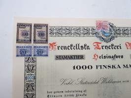 Frenckellska Tryckeri Aktiebolaget, Helsingfors 1920, 1000 fmk stamaktier nris 2077-2086, Verkl. Statsrådet Woldemar von Frenckell -osakekirja / share certificate