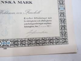 Frenckellska Tryckeri Aktiebolaget, Helsingfors 1920, 1000 fmk stamaktier nris 2077-2086, Verkl. Statsrådet Woldemar von Frenckell -osakekirja / share certificate