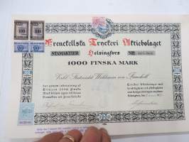 Frenckellska Tryckeri Aktiebolaget, Helsingfors 1920, 1000 fmk stamaktier nris 2077-2086, Verkl. Statsrådet Woldemar von Frenckell -osakekirja / share certificate