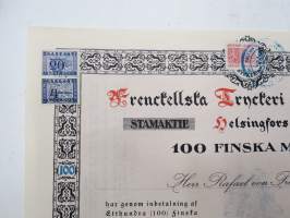 Frenckellska Tryckeri Aktiebolaget, Helsingfors 1920, Stamaktie nr 14, 100 Fmk, Rafael von Frenckell -osakekirja / share certificate