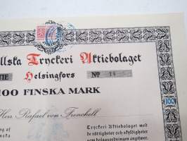 Frenckellska Tryckeri Aktiebolaget, Helsingfors 1920, Stamaktie nr 14, 100 Fmk, Rafael von Frenckell -osakekirja / share certificate