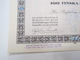 Frenckellska Tryckeri Aktiebolaget, Helsingfors 1920, Stamaktie nr 14, 100 Fmk, Rafael von Frenckell -osakekirja / share certificate