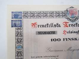 Frenckellska Tryckeri Aktiebolaget, Helsingfors 1920, Stamaktie nr 4153, 100 Fmk, Grevinnan Margerite Hamilton -osakekirja / share certificate