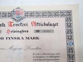 Frenckellska Tryckeri Aktiebolaget, Helsingfors 1920, Stamaktie nr 4153, 100 Fmk, Grevinnan Margerite Hamilton -osakekirja / share certificate