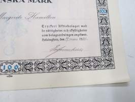 Frenckellska Tryckeri Aktiebolaget, Helsingfors 1920, Stamaktie nr 4153, 100 Fmk, Grevinnan Margerite Hamilton -osakekirja / share certificate