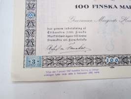 Frenckellska Tryckeri Aktiebolaget, Helsingfors 1920, Stamaktie nr 4153, 100 Fmk, Grevinnan Margerite Hamilton -osakekirja / share certificate