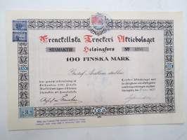 Frenckellska Tryckeri Aktiebolaget, Helsingfors 1920, Stamaktie nr 4241, 100 Fmk, Gustaf Avellans Sterbhus -osakekirja / share certificate